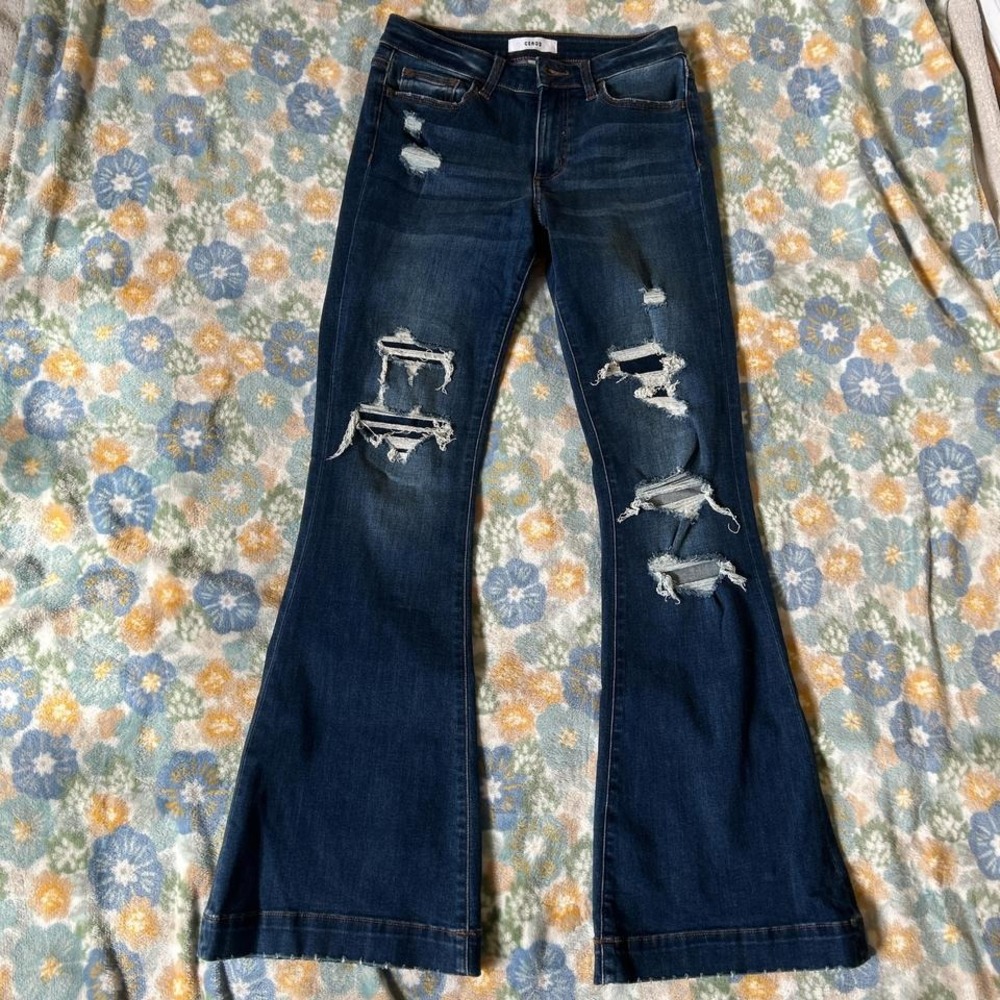Ceros Dark wash distressed ripped high rise flare jeans women's 27"